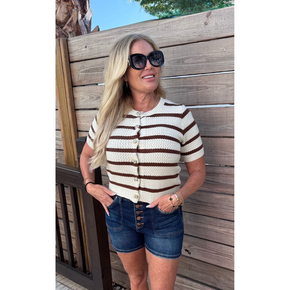 Mocha Mornings Brown Stripe Knit Button Front Short Sleeve Sweater NWT